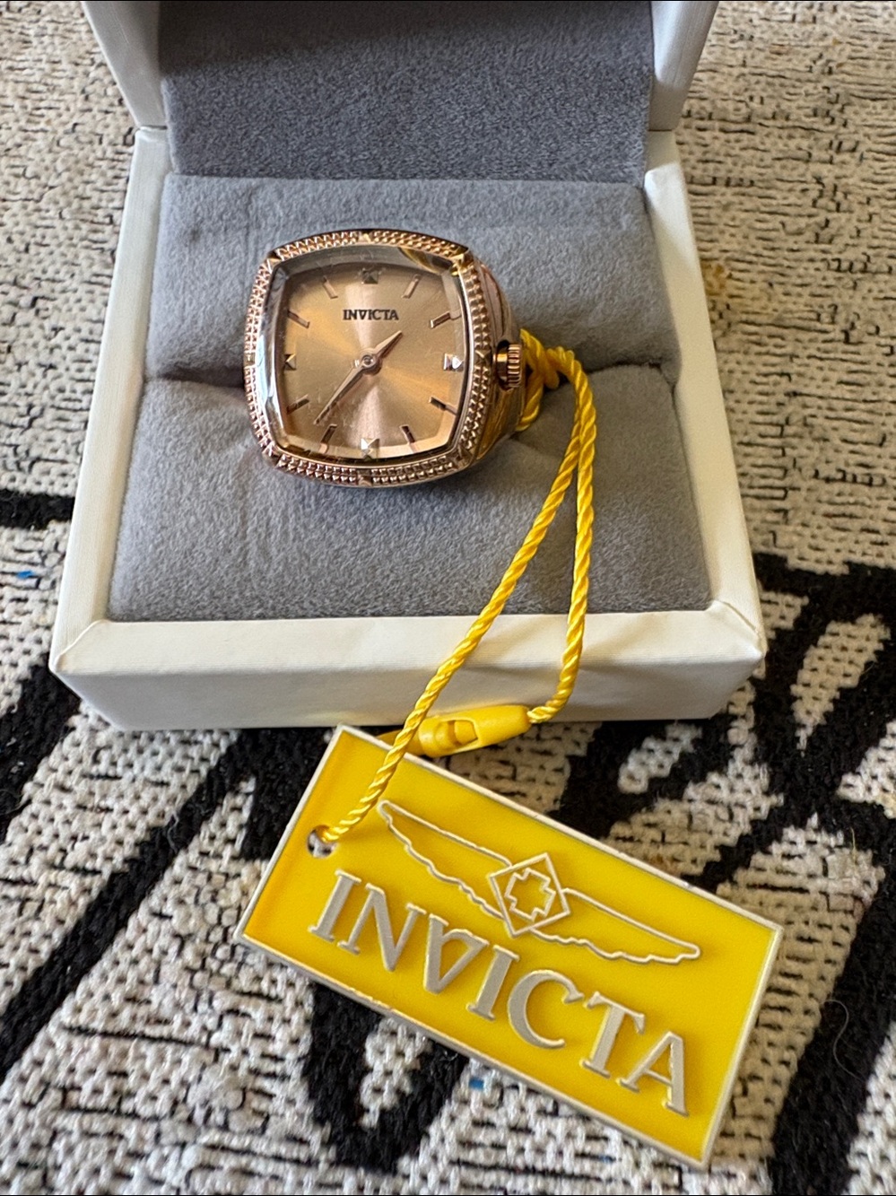Invicta Angel Jewelry Box in Cream with Rose Gold Logo and Yellow Tag. Brand New